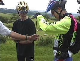 Julian tests Ryan's reaction time outside Instow youth hostel
